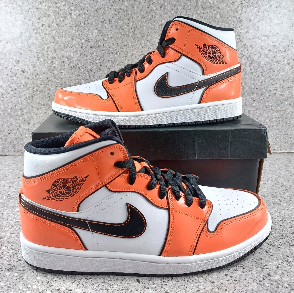Nike Air Jordan 1 Mid Sneakers - Turf Orange Patent Leather Shoes